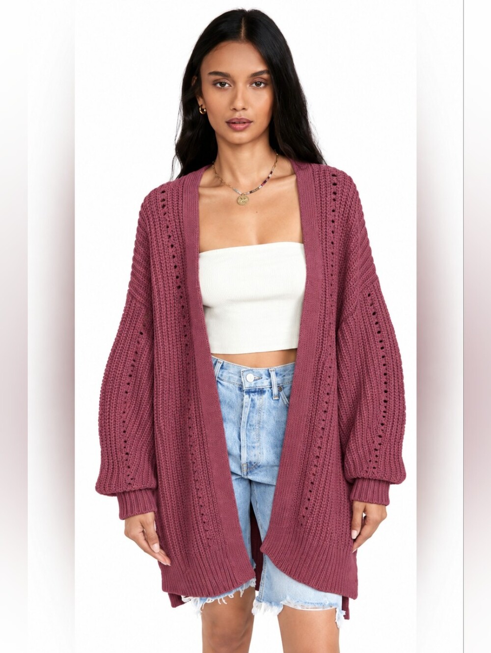 Free People Nightingale Cardigan Mauve Oversized Knit Sweater M